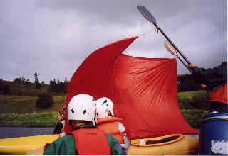 Rafting up and sailing, kayaks on top- The upper Spey below Laggan.